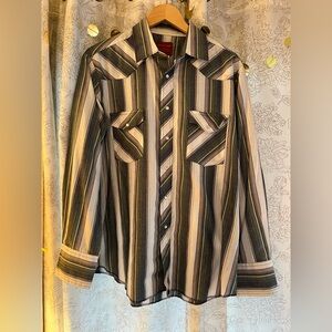 Rustler Western Pearl Snap Striped Rockabilly Shirt Men’s Large X-Long Tails